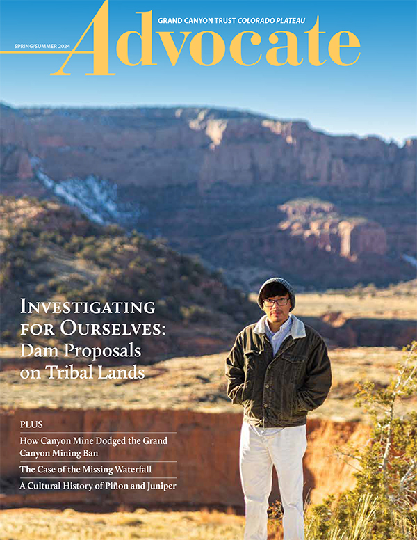 The Cover of the Spring 2024 edition with Daryn Melvin standing on a rock with Black Mesa in the background. The main feature on the cover is Investigating for Ourselves: Dam Proposals on Black Mesa and Beyond